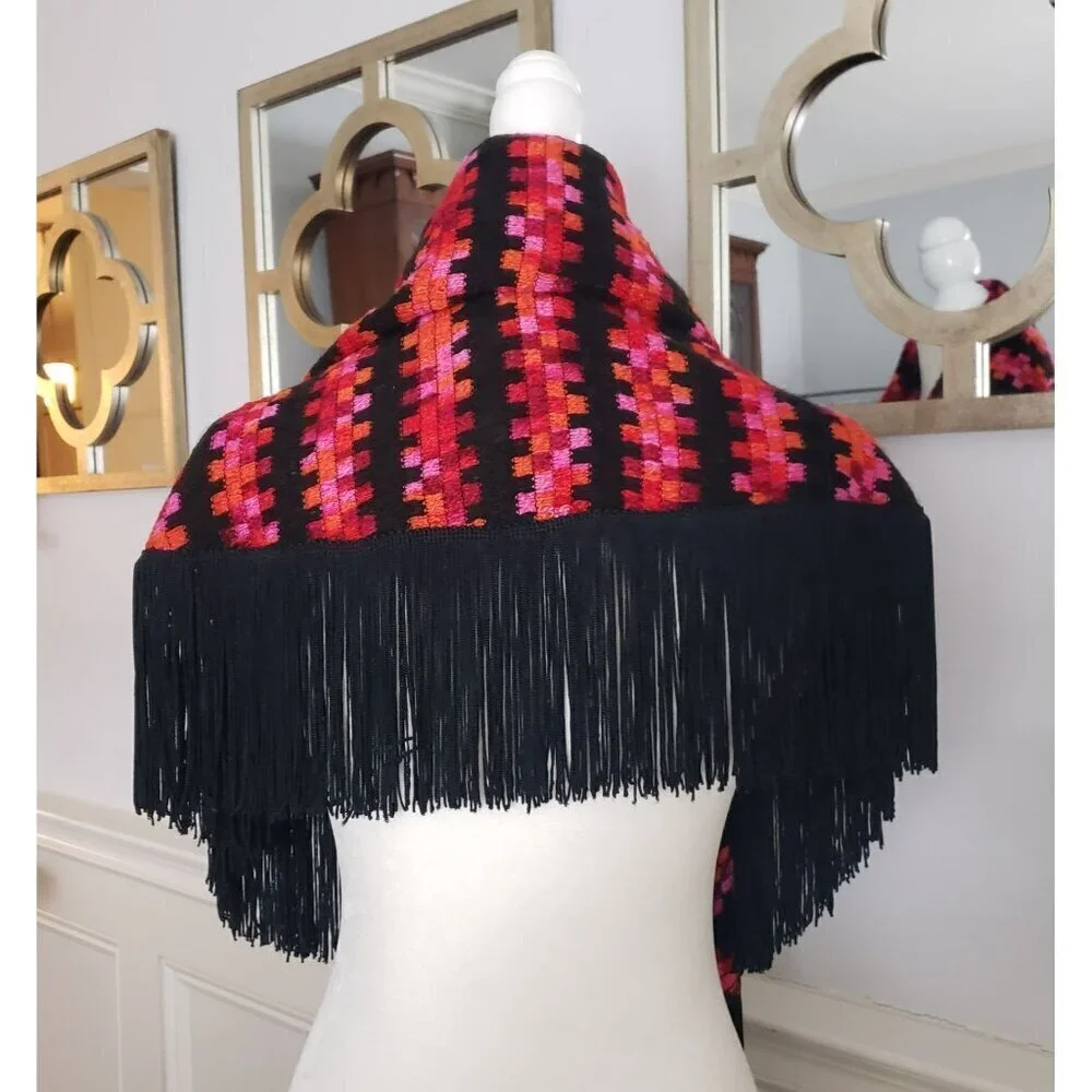 Vintage Handwoven Boho Scarf Cape Wrap Vibrant Geometric Pattern & Black Fringe